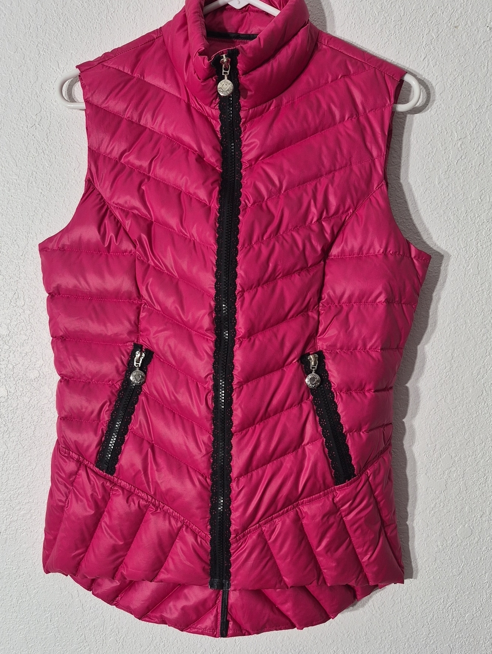 Betsey Johnson Hot Pink Quilted Puffer Vest with Black Trim